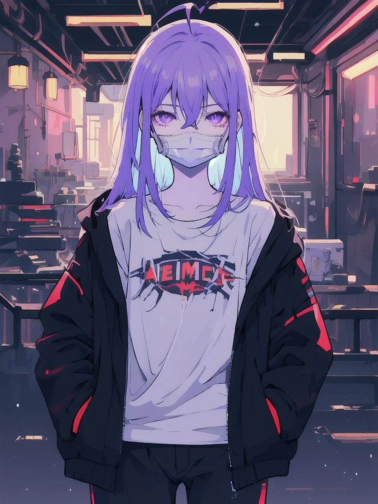 ((masterpiece)), (best quality), ((highres)), 4K, Detailed, (Ambient Light, Digital Art, Soft Lighting, extremely detailed 8K wallpaper:1.2), BREAK 1girl, solo, pale skin, violet eyes, violet hair, ahoge, (absurdly long hair:1.1), flat chest, cyberpunk scenery, black jacket, pants, shirt, night, hand in pocket, looking at viewer, hair between eyes, expressionless, rtx, neon light, black medical mask