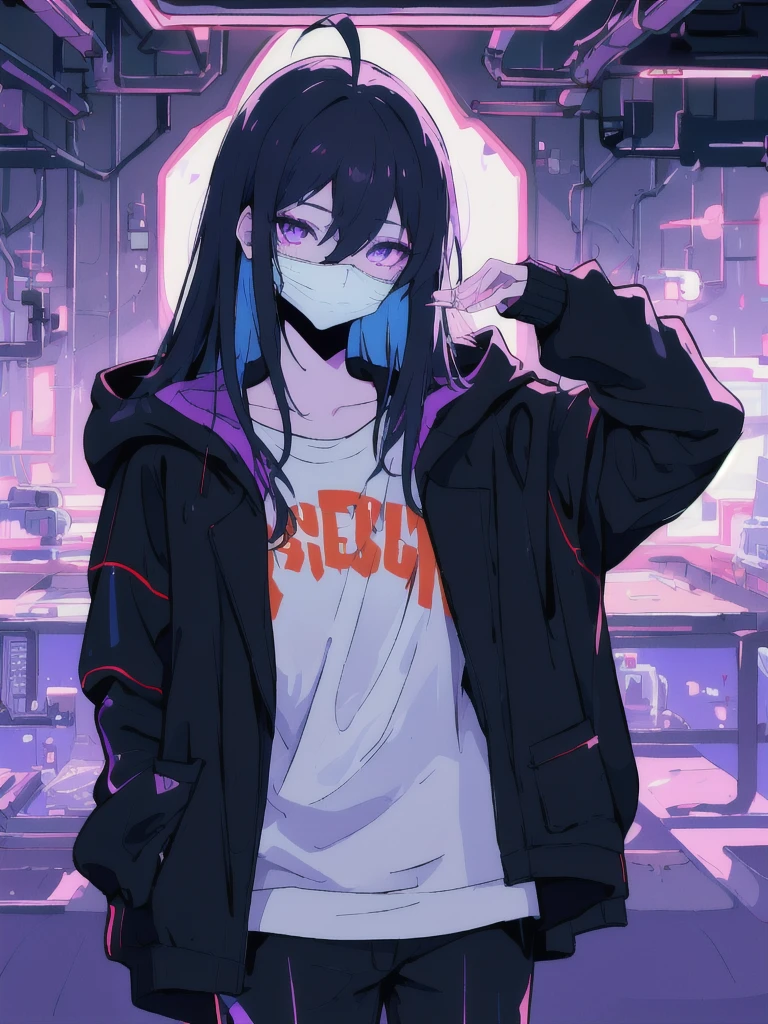 ((masterpiece)), (best quality), ((highres)), 4K, Detailed, (Ambient Light, Digital Art, Soft Lighting, extremely detailed 8K wallpaper:1.2), BREAK 1girl, solo, pale skin, violet eyes, violet hair, ahoge, (absurdly long hair:1.1), flat chest, cyberpunk scenery, black jacket, pants, shirt, night, hand in pocket, looking at viewer, hair between eyes, expressionless, rtx, neon light, black medical mask