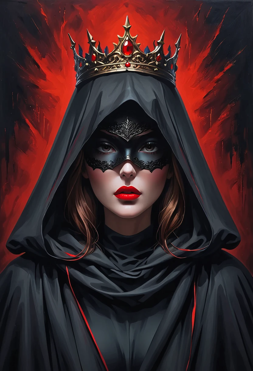 An oil painting：1Mysterious Woman，wearing a hooded cloak，The cloak covers the eyes，Red crown，Red lips，Dark background，fear，