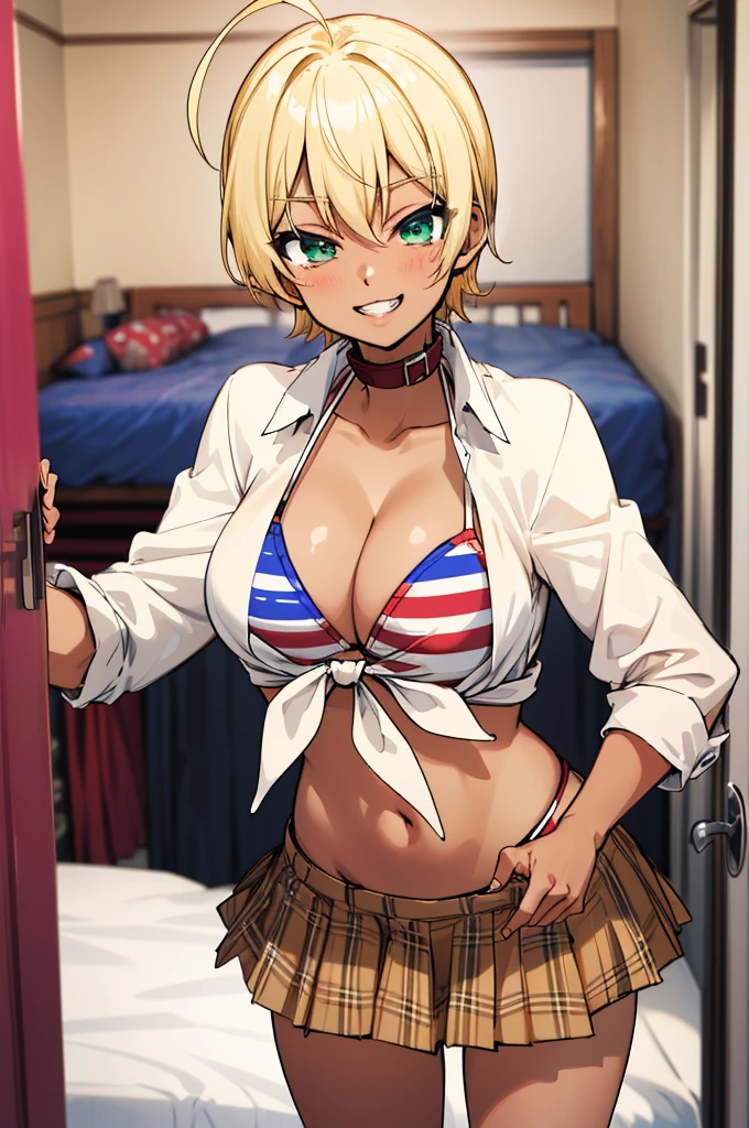 masterpiece, best quality, highres, mi1, dark skin, blonde hair, ahoge, green eyes, blue eyes, american flag bikini, plaid skirt, collar, bikini top only, tied shirt, smile, big breasts,grin,miniskirt,my room,),)(trembling),