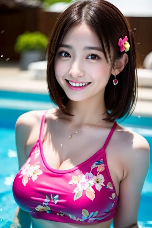 A girl alone in the rain、blush、((カラフルなtransparentスクール蛍光水着))、((Standing by the pool and smiling))、Looking at the audience、heavy rain、Big and ample breasts、transparent, Colorful fluorescent swimsuit that sticks to the chest when wet、thin, Colorful fluorescent swimsuit that accentuates the bust、A girl wearing a transparent and colorful school fluorescent swimsuit and a girl in the rain 、Standing by the pool in the rain、Floral、hairpin、necklace、Earrings、Wet and leaning forward、Looking up from below、Written boundary depth、尖ったRed Mouth、Reddish brown wet shiny short hair,Red Mouth,black eye、clavicle、Beautiful fingers、Hourglass-shaped body、Full body portrait、Stretch your chest and relax、Cute wet face、