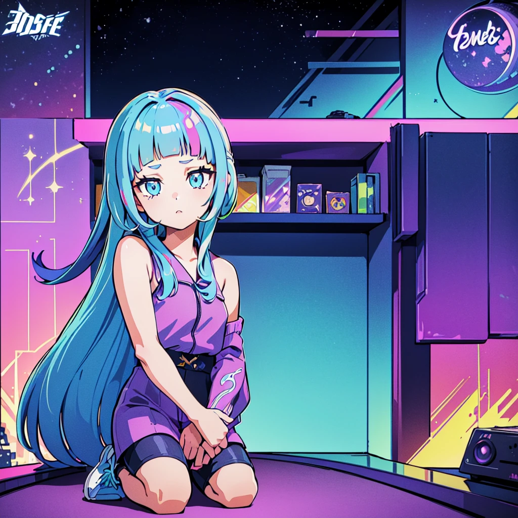 (masterpiece), Highest quality, Expressive eyes, Neon pastel aesthetics, Retro 90s, Neon color,((Girl sitting on sofa,In a cozy room,Records hanging on her wall, Comic books on the floor, Looking out the window behind her at the night city, Upholstered room, Anime figures lined up on a shelf)), Wearing headphones, (All around her it sparkles), (wearing thick colorful sneakers), (blue eyes), (Soft look), (Synthwave Art Style), Colorful Hair, Desk with PC set up