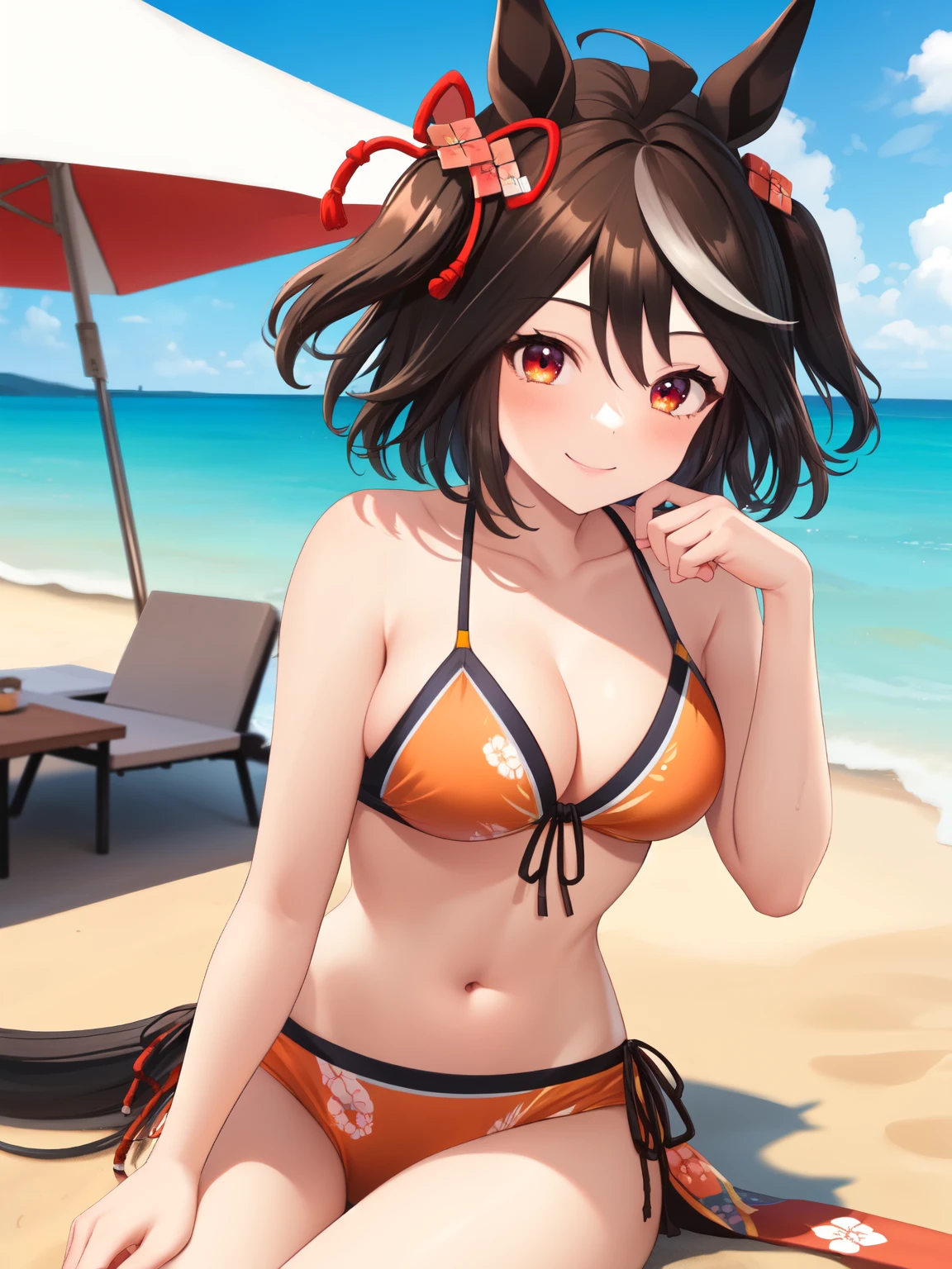 ((Highest quality, masterpiece, High resolution)), One girl, Kitasan Black\(umamusume\), Swimwear, bikini, Cleavage, (Horse tail), smile, smile, Sandy Beach, Beach, Sitting, ((Black and orange))