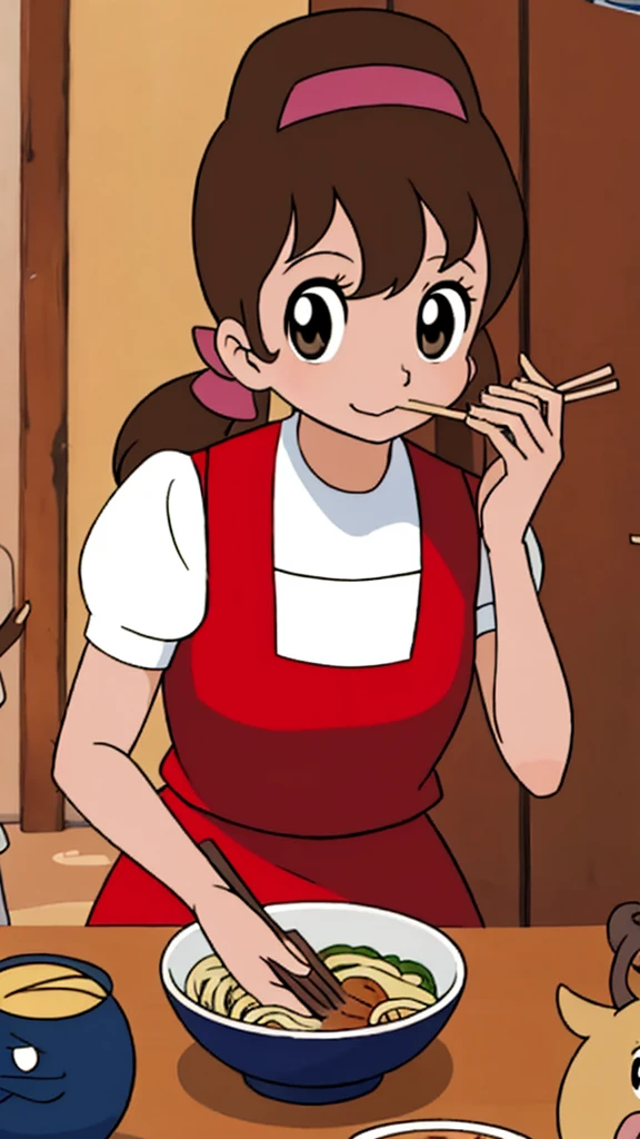 masterpiece, Highest quality, alone,1 Girl,Anime Style,
Akko-chan、Bust up images、Large Breasts、
Table in the dining room、eating zaru soba、Holding chopsticks、Holding noodles in mouth、Delicious look、Eating cold soba noodles alone、is slurping soba noodles with chopsticks、