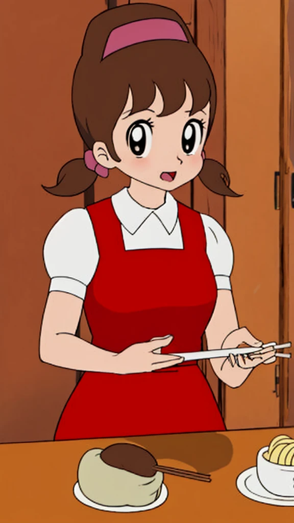 masterpiece, Highest quality, alone,1 Girl,Anime Style,
Akko-chan、Bust up images、Large Breasts、
Table in the dining room、eating zaru soba、Holding chopsticks、Holding noodles in mouth、Delicious look、Eating cold soba noodles alone、is slurping soba noodles with chopsticks、