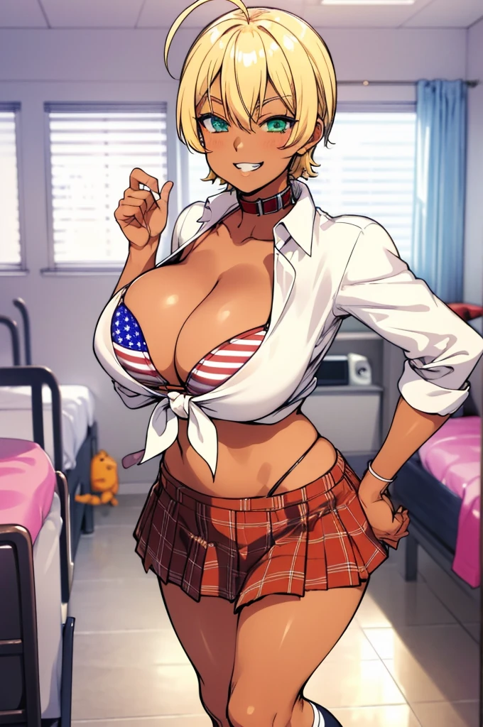 masterpiece, best quality, highres, mi1, dark skin, blonde hair, ahoge, green eyes, blue eyes, american flag bikini, plaid skirt, collar, bikini top only, tied shirt, smile, big breasts,grin,miniskirt,my room,socks,standing