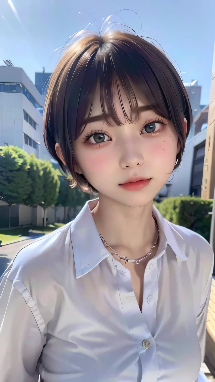 (Highest quality:1.3)、(Masterpiece:1.4)、Raw photo、8K、((Best image quality))、 ((High resolution))、Beautiful face in every detail、Realistic human skin、Gentle expression、(Cute natural anime face)、(One Woman:1.3)、Realistic、Photorealistic、short hair、(Beautiful woman)、((Cool Japan girl))、(boyish:1.5)、mannish、((Beautiful woman))、(Beautiful Hair)、((Dark brown hair))、(Blushing:1.5)、(Fashion Model:1.3)、(Every woman admires her face:1.3)、((Her eyes are big))、20 year old beauty、(Small face)、Small Head、((Long neck))、(High school girls)、uniform、(Japanese high school uniform)、(High school girlsのuniform)、((White button-up shirt))、 shirt with a wide open chest)、Collared shirt、(necklace)、(The aspirations of young people)、(The center of attention in school:1.3 )、everyone will love her、You can almost see your cleavage、Attractive lips、[[smile]]、(She has a great figure)、((schoolyard))、 shy、Embarrassed