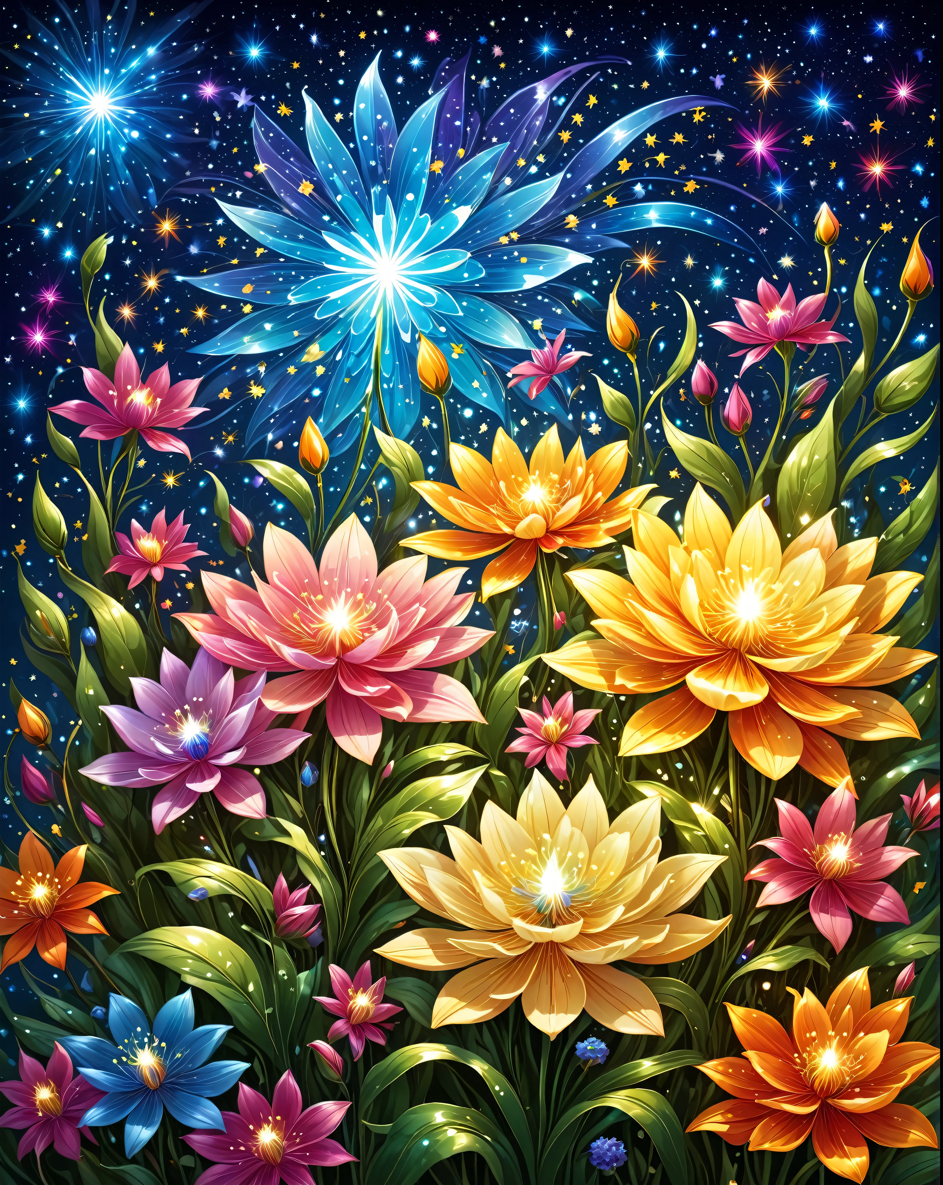 ((best quality)), ((masterpiece)), (detailed), very colorful detailed illustration of shiny luminous flowers, power of life, power of creation, all colors shiny stars are on the background