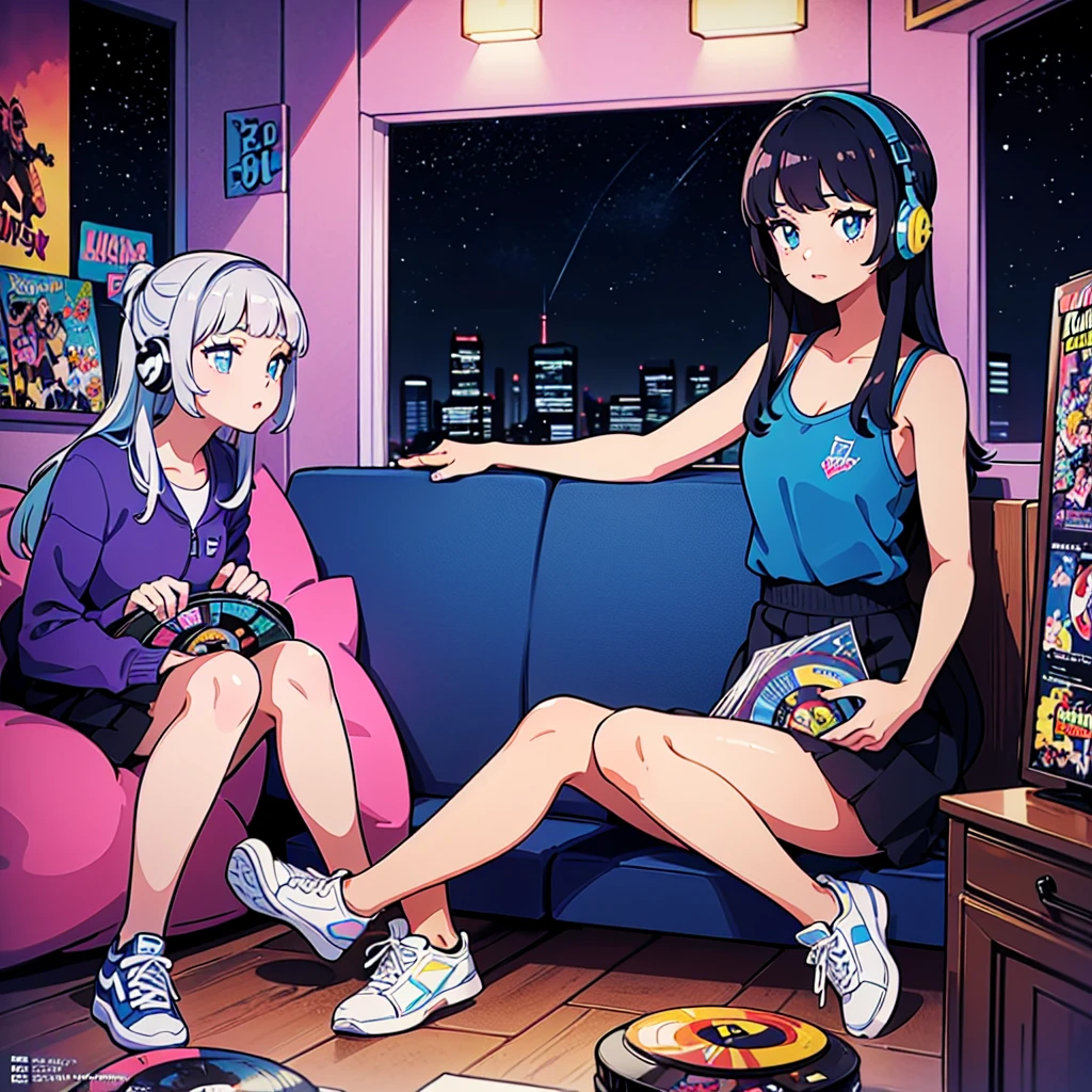 (masterpiece), Highest quality, Expressive eyes, Neon pastel aesthetics, Retro 90s, Neon color,((Girl sitting on sofa,In a cozy room,Records hanging on her wall, Comic books on the floor, Looking out the window behind her at the night city, Upholstered room, Anime figures lined up on a shelf)), Wearing headphones, (All around her it sparkles), (wearing thick colorful sneakers), (blue eyes), (Soft look), (Synthwave Art Style), Colorful Hair, Desk with PC set up