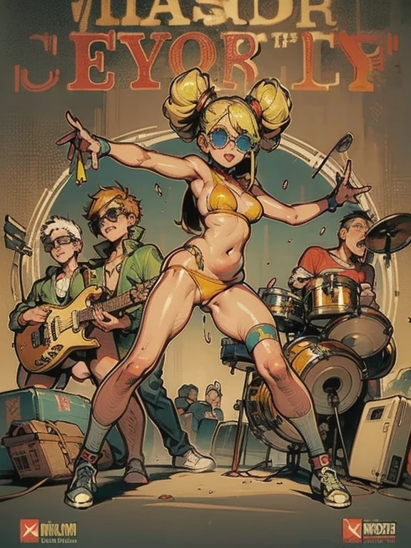 Black workwear jumpsuit、A woman wearing a costume covered with patches, cyber punk, Mosh Pit, (Highest quality,4K,8K,High resolution,masterpiece:1.2),Live Stage、Chinese style world view、Large sunglasses,Punkish hairstyle、Full body portrait、dynamic dancing
