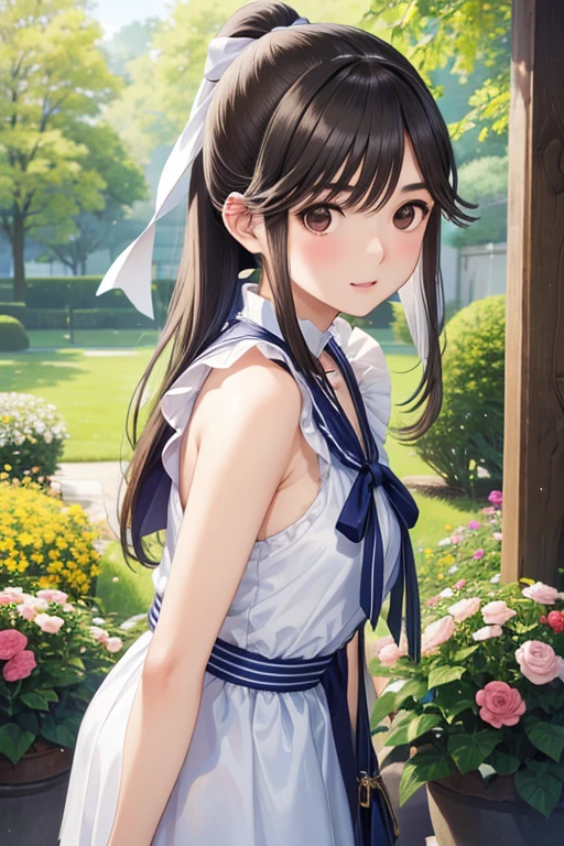 Gaoling loves flowers、Shiny brown hair, Long Hair、Ponytail with ribbon, Beautiful brown eyes、smile、Sparkling eyes, (Fine grain)、Ultra-detailed eyes、Very detailedな顔, Very detailedな目,

masterpiece,Highest quality,High resolution,Very detailed,masterpiece, Highest quality, High resolution, 


(Representative works: 1.3), (8K, Realistic, RAW Photos, Best image quality: 1.4 (30 year old mature woman),Small face, Beautiful Face, (Realistic Face),No makeup、Natural Makeup、light makeup、 
 Realistic eyes, Beautiful details, (Photorealistic Skin), Beautiful Skin, (Offset Sleeveless),、 Confused, charm, 超High resolution, Ultra-realistic, High resolution, Golden Ratio,、