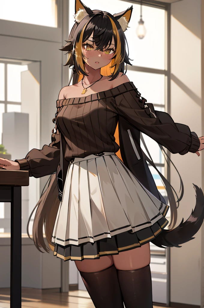 masterpiece, best quality, highres, hmnc1, animal ears, tail, dark skin, multicolored hair, black thighhighs, off-shoulder sweater, pleated skirt, black skirt, jewelry, necklace, ribbed sweatet, collarbone, cowboy shot, standing, indoors