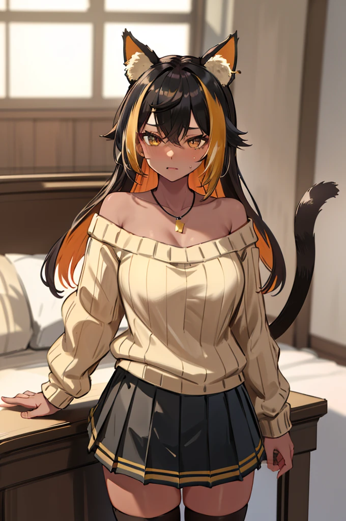 masterpiece, best quality, highres, hmnc1, animal ears, tail, dark skin, multicolored hair, black thighhighs, off-shoulder sweater, pleated skirt, black skirt, jewelry, necklace, ribbed sweatet, collarbone, cowboy shot, standing, indoors