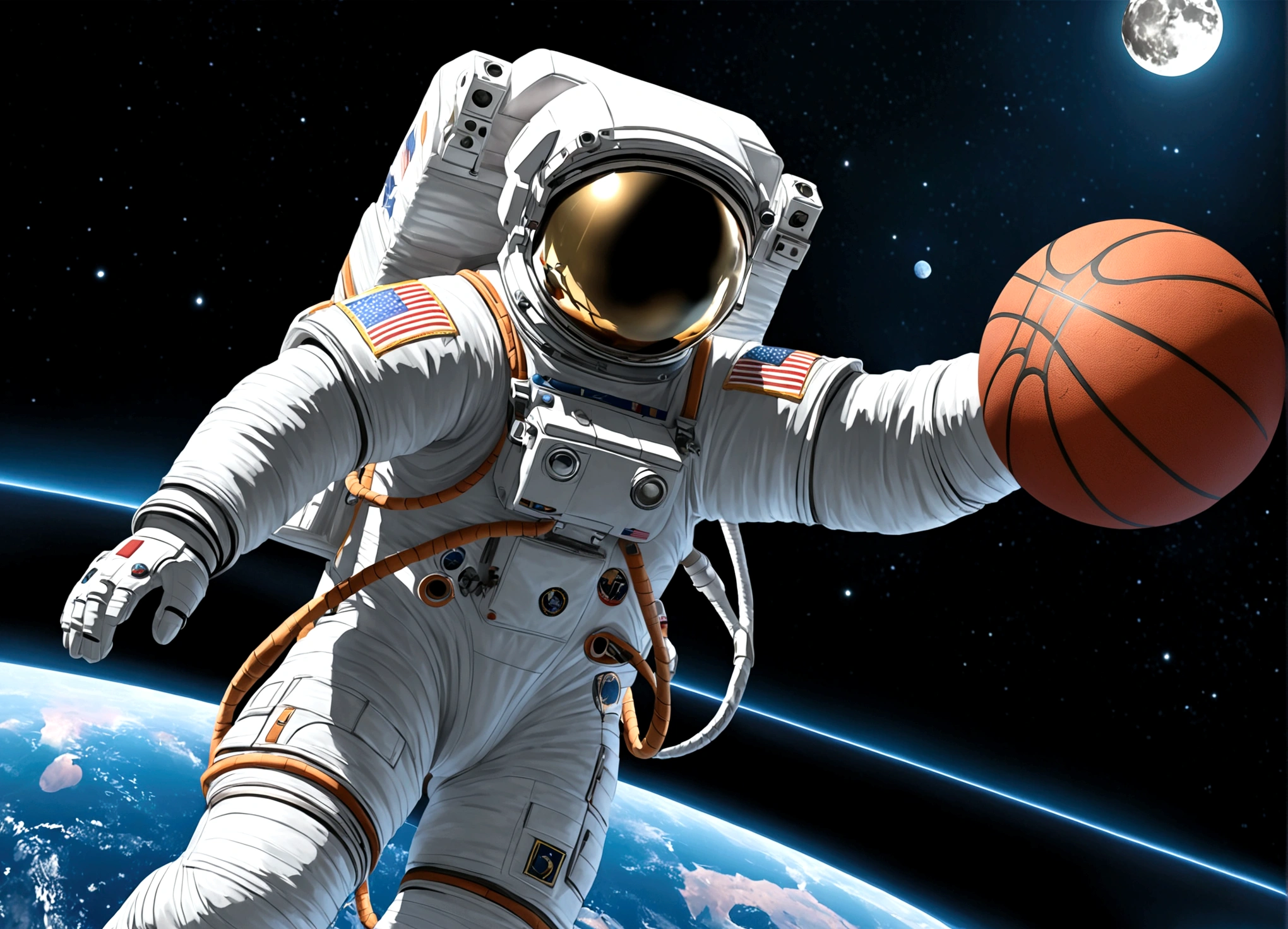 astronaut, Moon, basketball场, basketball, Space suit, Bright, Clarity, Rich in details, Science Fiction, basketball在空中飞翔, Moon表面纹理, Star bright, astronaut跳跃, basketball框, basketball场灯, night, moonlight, astronaut的笑容, Motion capture, Reality, Science Fiction Art