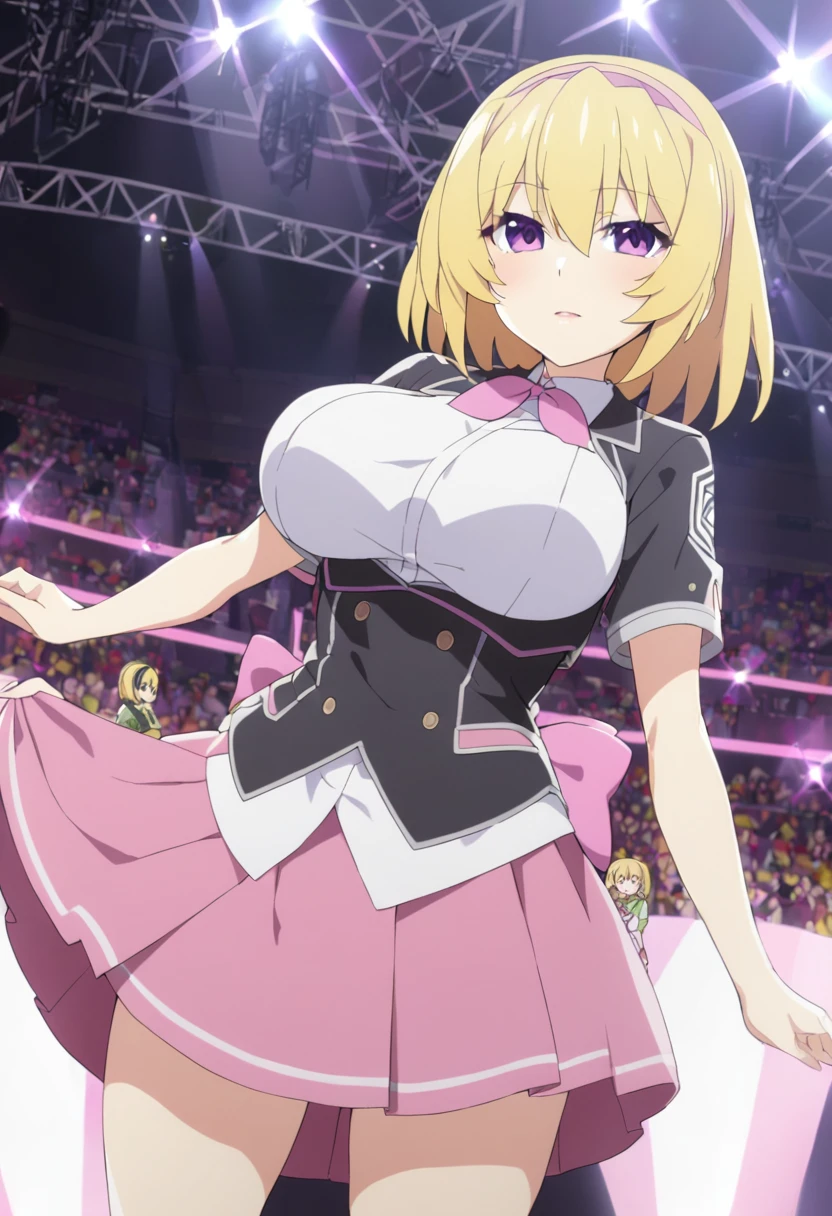 houjousatoko, short hair, blonde hair, purple eyes ,hairband, large breasts, , pink bow, skirt,　live stage