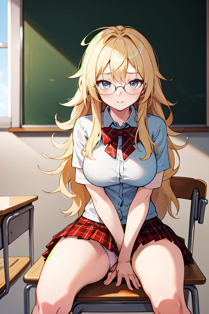 masterpiece, best quality, highres, sa1, blonde hair, glasses, , skirt, plaid, plaid skirt, sitting, classroom, spread legs, pantyshot, panties,big breasts