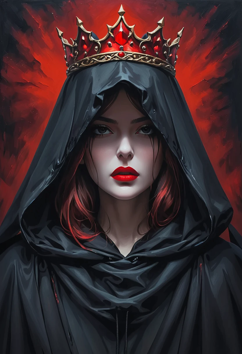 An oil painting：1Mysterious Woman，wearing a hooded cloak，The cloak covers the eyes，Red crown，Red lips，Dark background，fear，