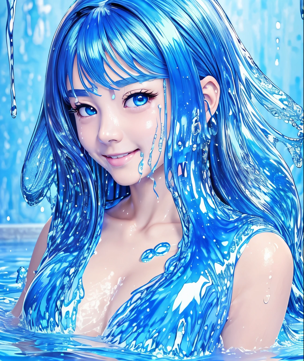 (high resolution, tabletop:1.2), ultra detailed, portrait, slime girl, 20 years old, covered in blue slime, sexy outfit with light blue slime, (partially transparent), (wet), (blue sweat), blue liquid is dripping from her body. Her hair is also covered in blue slime. Blue slime is splattered all over, blue hair, bangs, long hair, blue eyes, large breasts, slender, excited, lewd, vulgar, smiling, (((((rain, hydrangea street, forest background, nature))))), cinematic lighting, cinematic angle, angle from below, (((((cowboy shot))))),