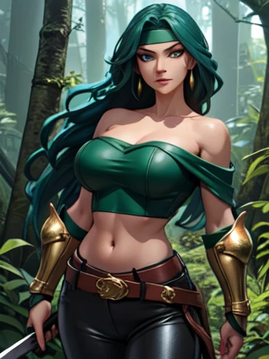 ((Best quality)), ((Masterpiece)), (detailed), (Detailed face:1.2), (Detailed eyes:1.2), (Perfect figure:1.2), Fantasy style, Fantasy environment,  Female Knight, long green hair, headband, strapless, off shoulder, crop top, leather pants, gold belt, armor, knight's armor, big breast, middle aged woman, (looking at viewer with a mischievous expression on her face:1.1), holding a sword, One woman, In the forest, forest background
