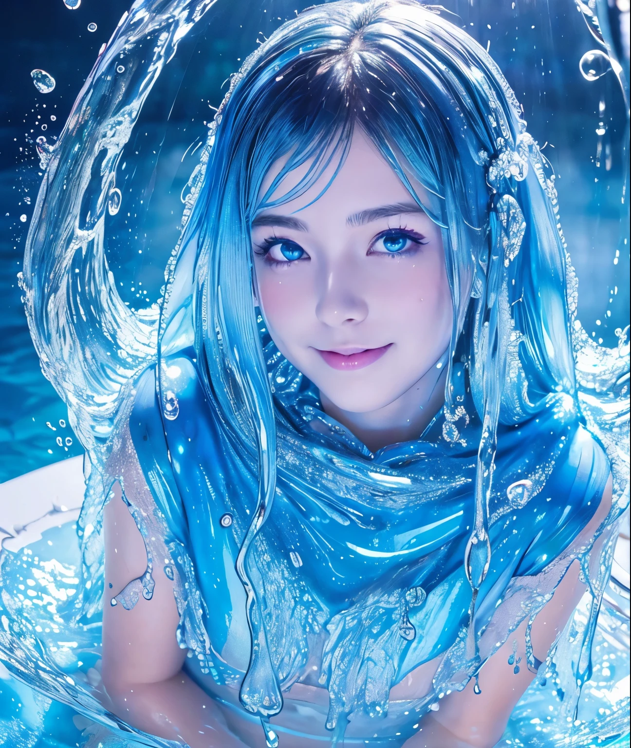 (masterpiece,Highest quality:1.4),(8K,RAW Photos,Photo Real:1.2),Shiny skin,Detailed skin,Detailed face,Fine grain, One girl,View your viewers,Japanese Idols,Very beautiful face, (smile), Liquid Hair, Glassy, shining eyes, Blue mucus floating, Slime Girl, Covered in blue slime, (Partially transparent), (Wet), (Blue Sweat), Blue liquid dripping from her body. Iridescent lake, Covered in blue slime. Blue slime scattered, Blue Hair, blue eyes
