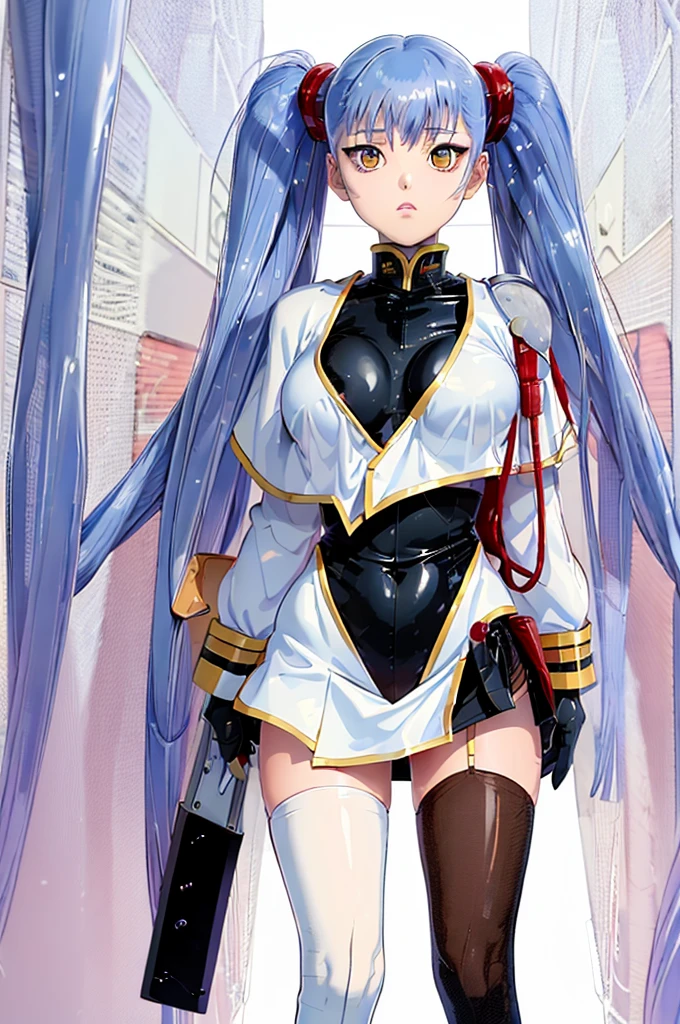 18 year old girl, exposed skin, latex miniskirt, Exposed nipples, erect nipples, Huge milk,  black stockings , red eyes,long twin tails, light blue hair, beautiful face, dynamic pose, complete anatomy, ,M-leg pose, Crotch emphasis. ((wide open pussy)), ((semen)), ((Ahegao))