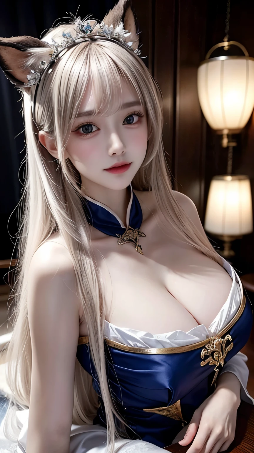 (Great sense of reality:1.4, On a table:1..3, 8K), quality, tmasterpiece, Ultra-high resolution, Perfect dynamic composition, Professional camera work, plant growth light efficiency, mysterious portrait, Movie Lighting, Highly detailed skin and facial textures:1.3, the ultra-detailed, Detailed hands, Detailed eyes, (Ride a dragon, Carrying a long noble staff), (mistic:1.3, like a dream:1.2, deliver goods:1.2, A majestic:1.2), 1 girl in, 25 age old, Cute and sexy slender goddess, White skin of the, ( completely fascinates you:1.0), (Japanese witch costume), (humongous large breast:1.5), (calm pose), (A beautiful Blue eyes, The eyes are beautiful:0.85), the face:0.4, (beautiful taste:0.85), ((so lovely beauty:0.9)), Fantastic background,Recumbent position