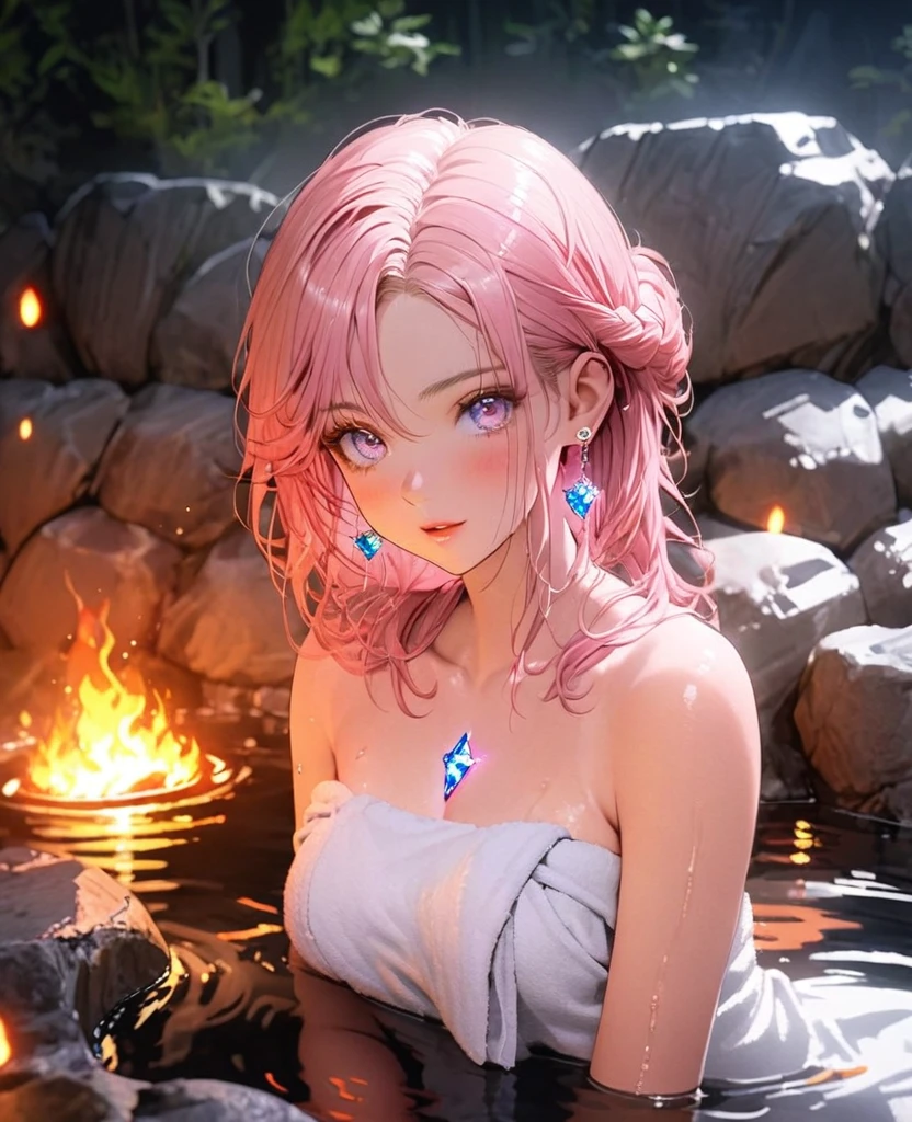 8K,gal，an extremely delicate and beautiful,Beautiful and realistic skin,Shiny jewel-like earrings,glowing tattoo,Long pink hair,beautiful eyes,whole body, japanese hot spring,bath towel,fire Fly