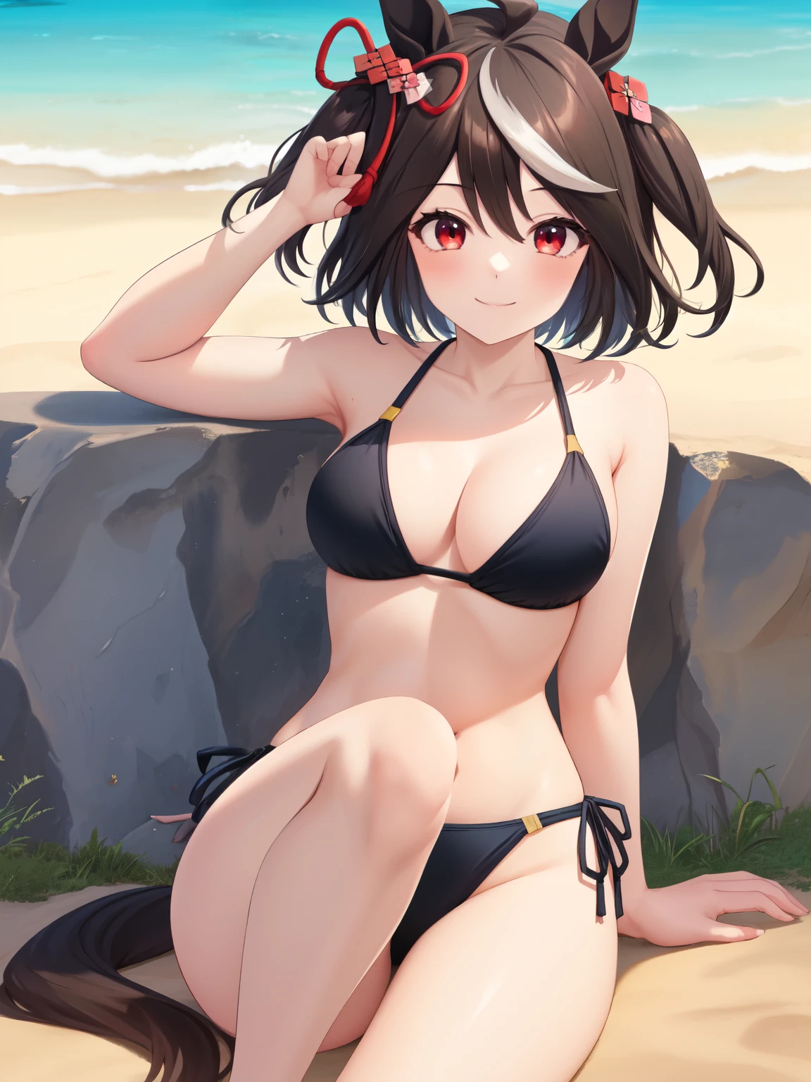 ((Highest quality, masterpiece, High resolution)), One girl, Kitasan Black\(umamusume\), Swimwear, Cleavage, (Horse tail), smile, smile, Sandy Beach, Beach, Black Bikini, Sitting