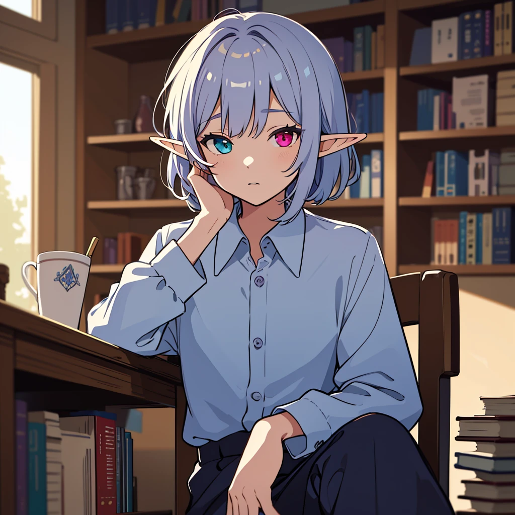 Cool elf with blue and blue-purple heterochromia, Silver straight hair, Wearing a white collared shirt, Wearing slacks, sitting at a desk surrounded by bookshelves,  Thinking about something, (Highest quality,8K,High resolution,masterpiece), Highly detailed facial expressions, Intricate details, Natural light, Warm colors, Soft Focus, Digital Painting, Fantasy art, 