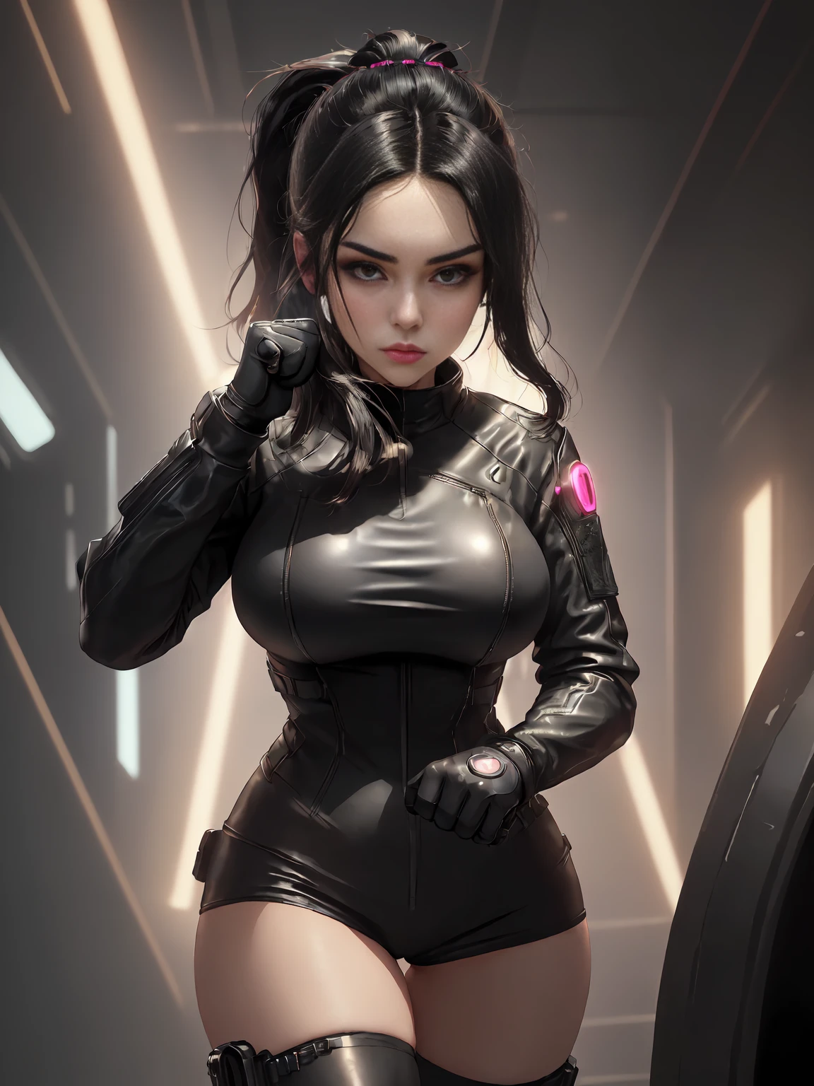 (masterpiece, best quality, aesthetic:1.4), 1girl, Cyberpunk, futuristic, Yelan, BREAK, symmetrical face, highly detailed face, black hair, long hair, ponytail, holographic interface, BREAK, crimson eyes, highly detailed eyes, BREAK, large breasts, leather jacket, black leather outfit, BREAK, knee boots, black yoga pants, black gloves, tactical gear, BREAK, clenching fist, pushing fist into palm, serious expression, standing, BREAK, female focus, cowboy shot, neon aesthetic, futuristic cityscape, sci-fi