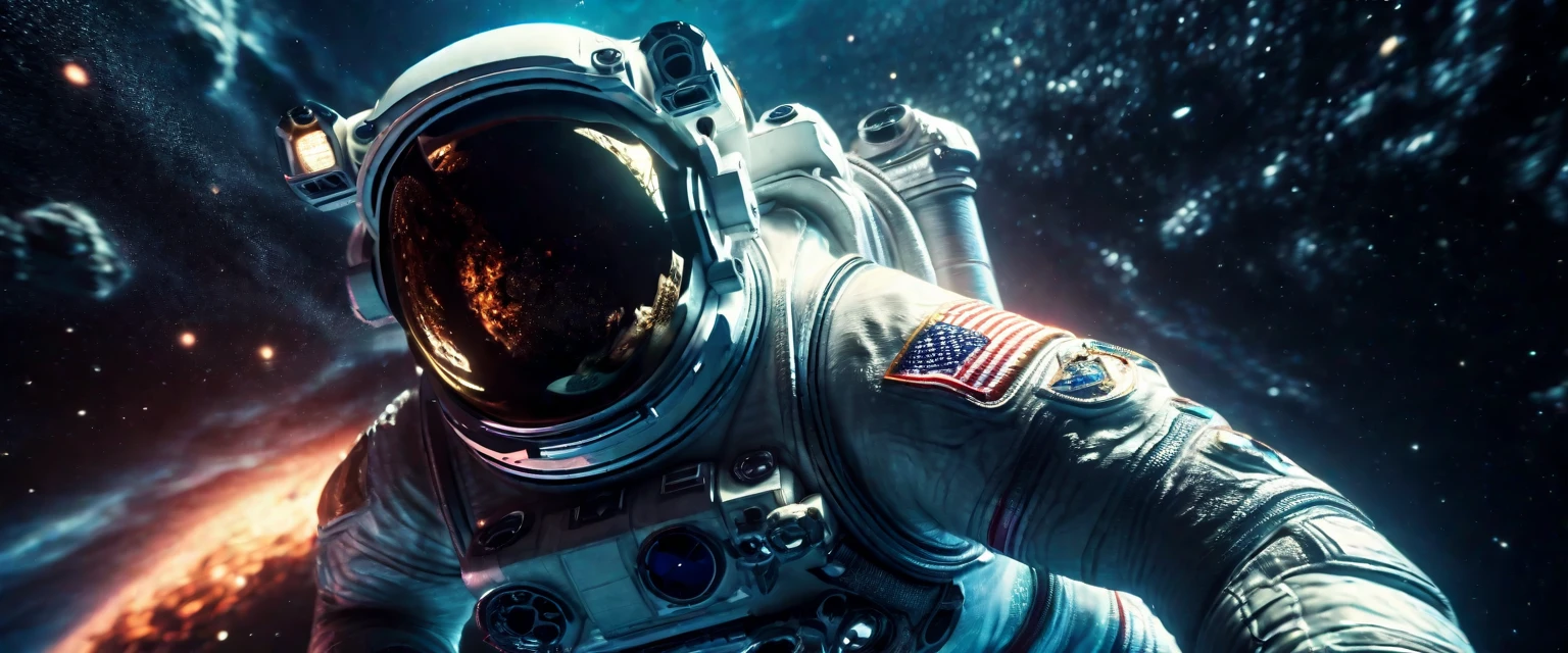 a photorealistic astronaut diving into space, looking directly at the viewer, extremely detailed, best quality, 8k, masterpiece, (realistic:1.37), (photorealistic:1.37), (detailed:1.2), studio lighting, physically-based rendering, ultra-fine details, sharp focus, vivid colors, dramatic lighting, cinematic composition, space environment, stars, nebulae, void of space, earth in the background