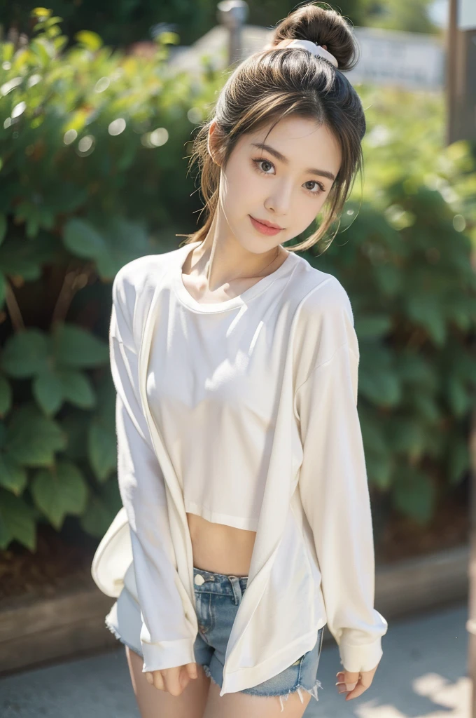studio light, Depth of the bounds written, Upper body, thin, cute顔, smile, beautiful detail eyes, 19 years old Japanese, cute, Warm blonde voluminous curls, plaza, casual