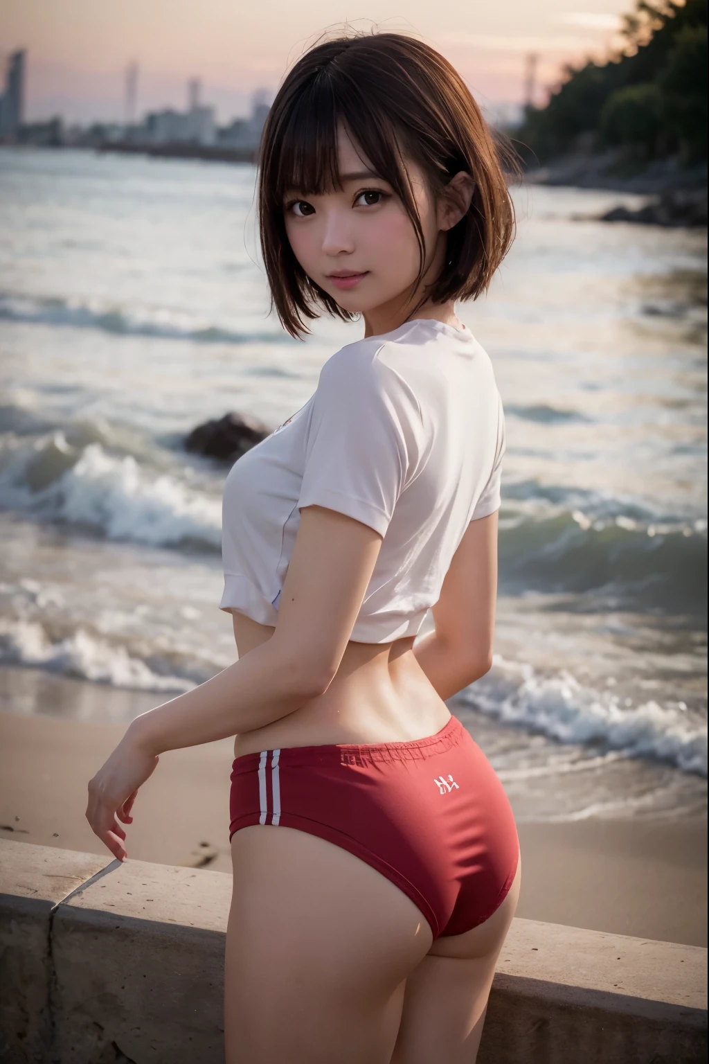Seascape, 
Sunset Glow, Ocean's Waves, Water Reflection, 
 BREAK 
Background Tiny Rock Formation Only:1.6, 
Triangular Shape Like Shark's Fin or Sail:1.6, 
Pronounced Peak, Elongated Base, 
 BREAK 
Perfectly Anatomically Correct:1.6, 
1 Japanese Girl, Very Short Bob Cut:1.2, Wide-Set Eyes, Very White Skinned, Blush, Bashfully, -Yeld, O Mouse Slightly, 
in Gym Uniform, 
Showing off Slightly Swelled Lower Buttocks from Gym Uniform:1.4, Buttocks Stuck Out Highly, 
Medium ASS, Shirt Waist Length:1.4, Non-Nipple:1.0, 
Ball Shape Buttocks, Beautiful Buttocks, 
Brown Hair, Wet Hair, 
Cheerful:1.0, Light Smiling:1.0, 
Looking Back Viewer Straightly, 
Dynamic Angle, (from Behind:1.1, from Side:1.0, from Below:1.0), Full Body, 
SFW:1.2, 
 BREAK 
8K, RAW Photo, Best Quality, Masterpiece, Realistic, PhotoRealistic, Extremely Detailed 8K Wallpaper, Beautifully Detailed Eyes, Finely Detailed Face, 
High-Key Lighting, Professional Lighting, Cinematic Lighting, Sidelighting, Bokeh

