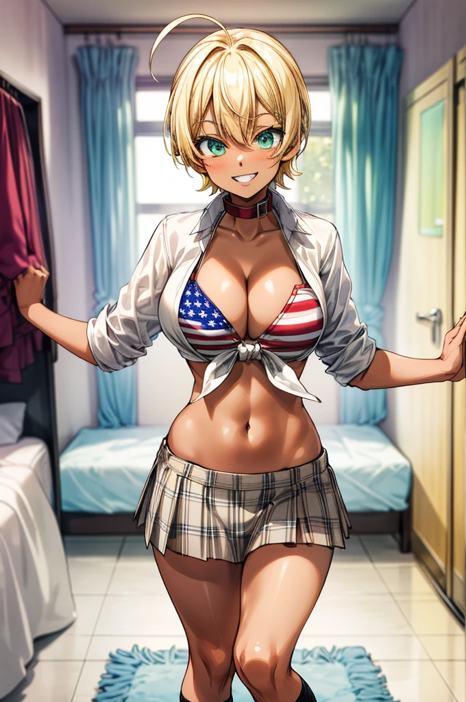 masterpiece, best quality, highres, mi1, dark skin, blonde hair, ahoge, green eyes, blue eyes, american flag bikini, plaid skirt, collar, bikini top only, tied shirt, smile, big breasts,grin,miniskirt,my room,socks,standing,midriff,socks