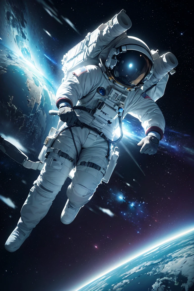 Astronauts looking up into space on the surface of the moon,, (4k, 8k, highres, masterpiece:1.2), ultra-detailed, detailed space suit, galaxy background, cinematic lighting, glowing stars, nebula clouds, volumetric lighting, chiaroscuro lighting, dramatic sci-fi atmosphere, vibrant colors