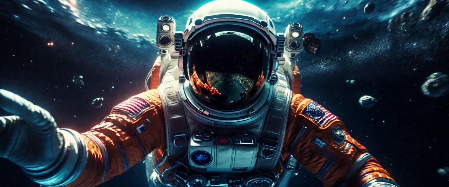 a photorealistic astronaut diving into space, looking directly at the viewer, extremely detailed, best quality, 8k, masterpiece, (realistic:1.37), (photorealistic:1.37), (detailed:1.2), studio lighting, physically-based rendering, ultra-fine details, sharp focus, vivid colors, dramatic lighting, cinematic composition, space environment, stars, nebulae, void of space, earth in the background