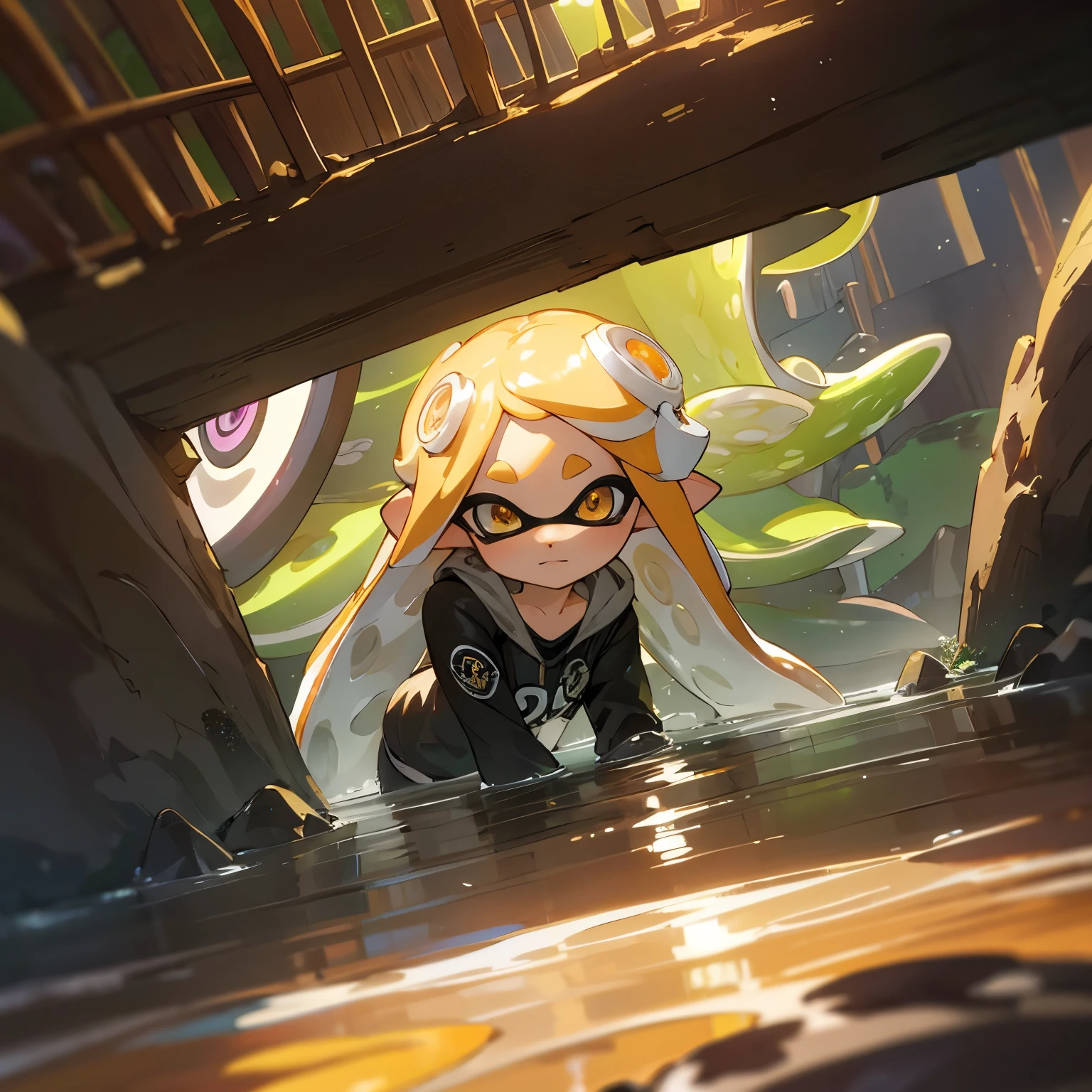 masterpiece、Highest quality、High resolution、Inside the cave, water, bridge, Real Anime、3d、((Splatoon Girl))、Golden Eyes、Beautiful Eyes、Golden tentacle hair、Explorer's outfit、Open front clothing、gigantic breast、Cleavage、Helmet、Dirty Face、Girl looking at the ceiling above her、、Lots of crystals、Luminous Crystal、Wide angle、広いInside the cave、Depicting a girl smaller、