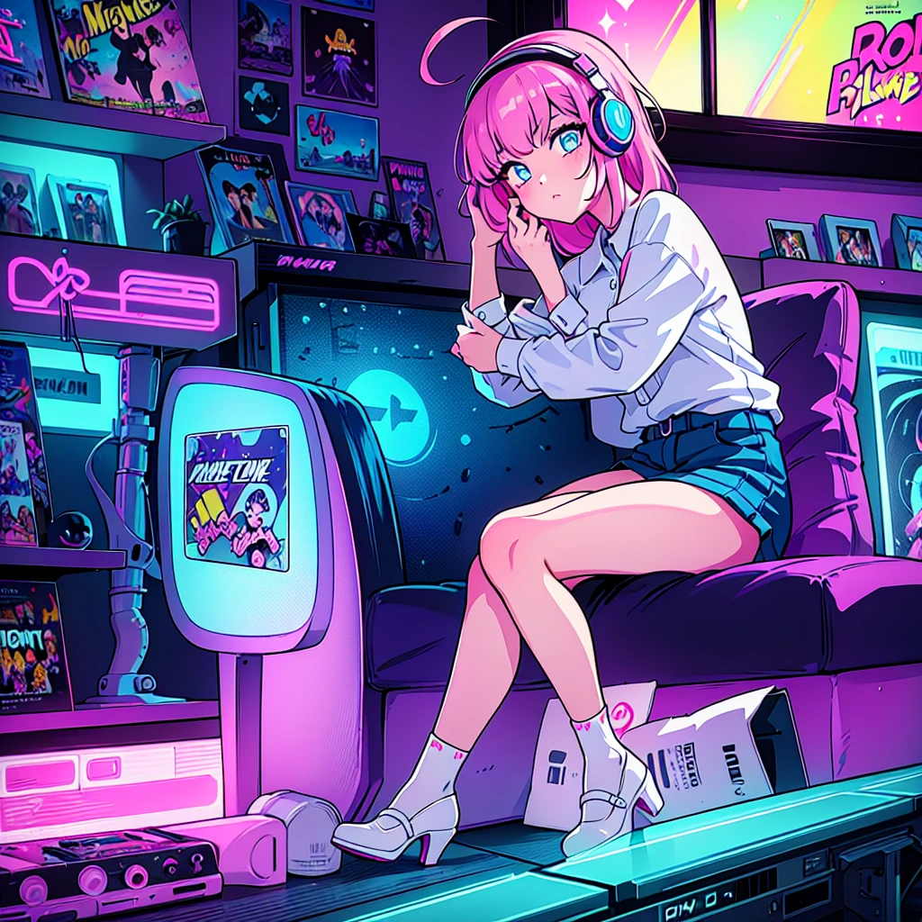 (masterpiece), Highest quality, Expressive eyes, Neon pastel aesthetics, Retro 90s, Neon color,((Girl sitting on sofa,In a cozy room,Records hanging on her wall, Comic books on the floor, Looking out the window behind her at the night city, Upholstered room, Anime figures lined up on a shelf)), Wearing headphones, (All around her it sparkles), (Wearing high socks and heels), (blue eyes), (Soft look), (Synthwave Art Style), Colorful Hair, Desk with PC set up