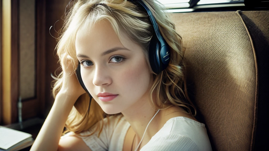 Beautiful blonde with big breasts in a one-piece dress (Western-style mansion at midnight、Leaning against a wall),Wearing headphones,Very detailed, 21 years old, Innocent face, Naturally Wavy Hair, blue eyes, High resolution, masterpiece, Highest quality, Intricate details, Very detailed, Clear focus, Delicate skin, practical skin texture, texture, Delicate eyes, Professional, 4K, Sad face,despair、 Shot with Canon, 85mm, Shallow and deep, Kodak Vision Color, Exactly, Very detailed, photograph_\(Extremist\), photographpractical, practical, Post-processing, Maximum details, Roughness, Real Life, Extremist practical, Photorealism, photographgraphy, 8K Ultra HD, photographgraphy