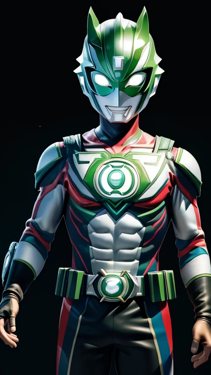 (8k),(masterpiece),(Japanese),(8-year-old boy),((innocent look)),((Childish)),From the front,smile,cute,Innocent,Kind eyes,Flat chest,green helmet,green domino mask, Green Lantern, short,Black Hair,Strong wind,night,dark, Neon light cyberpunk Tokyo city, allultraman,camisa