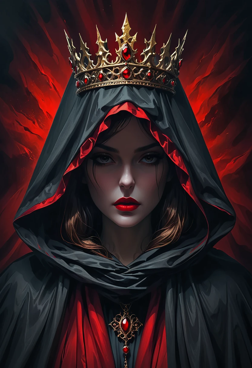 a mysterious woman wearing a hooded cloak, the cloak obscuring her eyes, red crown, red lips, dark background, horror, digital art, oil painting, cinematic lighting, dramatic, highly detailed, hyper realistic, 8k, intricate details, dark fantasy, moody, dramatic lighting, chiaroscuro, gothic, elegant, intense colors, rich textures, painterly, ornate, ornate crown, flowing cloak, intense gaze, powerful, ominous, dramatic shadows, atmospheric