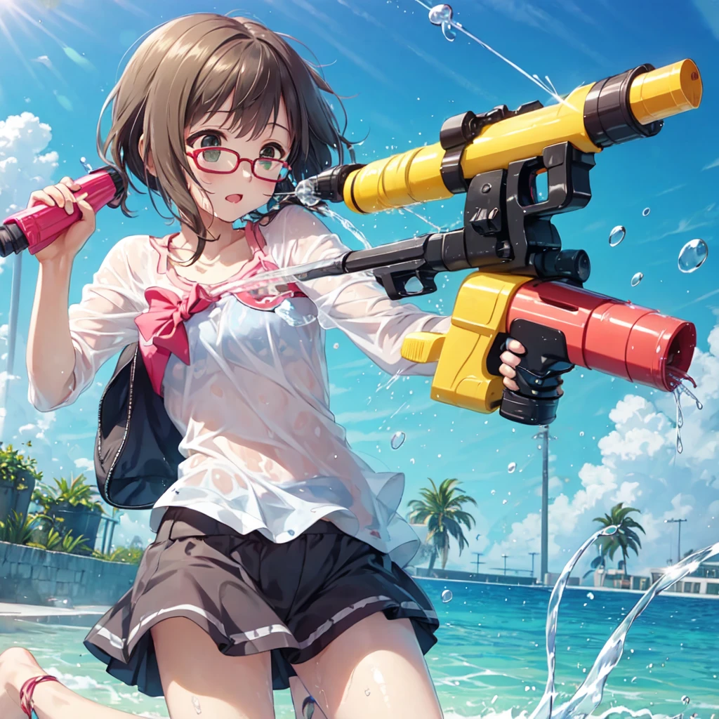 Spraying water on each other with water guns、soaked、NFSW、Innocent girl playing、Glasses、summer wear
