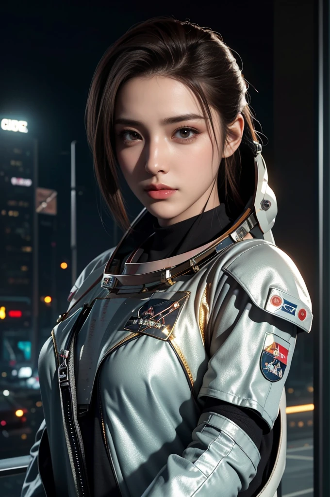 Masterpiece，The best qualities，Very high resolution，8K，((Portrait))，((Head close-up))，Original photo，real photo，Digital Photography， (Cyberpunk-style female cops of the future world)，(Fighting girl)，22-year-old girl，(A hairstyle of random color)，An eye rich in detail，((Lachrymal nevus))，lip gloss，(Elegant and charming，Indifferent and noble)，(Future combat clothing full of mechanical style，A garment that combines the characteristics of a police uniform，A fancy badge，An intricate pattern of clothing，Glittering jewels，Joint Armor，Metallic luster)，Cyberpunk Characters，Future Style， Photo poses，Street background，Movie lights，Ray tracing，Game CG，((3D Unreal Engine))，oc rendering reflection texture, (astronaut:1.5)