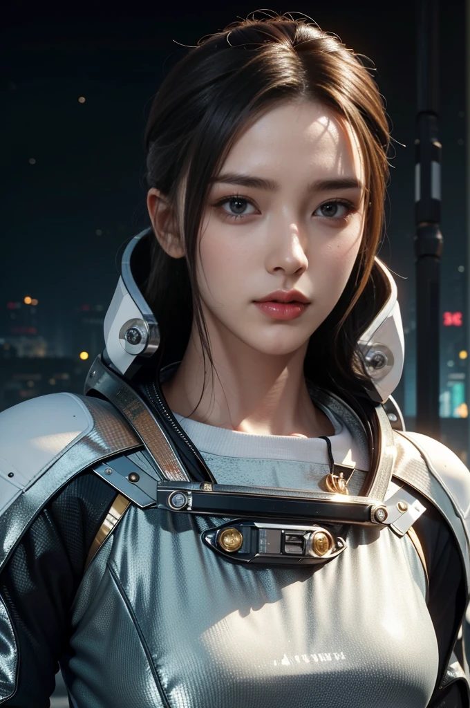 Masterpiece，The best qualities，Very high resolution，8K，((Portrait))，((Head close-up))，Original photo，real photo，Digital Photography， (Cyberpunk-style female cops of the future world)，(Fighting girl)，22-year-old girl，(A hairstyle of random color)，An eye rich in detail，((Lachrymal nevus))，lip gloss，(Elegant and charming，Indifferent and noble)，(Future combat clothing full of mechanical style，A garment that combines the characteristics of a police uniform，A fancy badge，An intricate pattern of clothing，Glittering jewels，Joint Armor，Metallic luster)，Cyberpunk Characters，Future Style， Photo poses，Street background，Movie lights，Ray tracing，Game CG，((3D Unreal Engine))，oc rendering reflection texture, (astronaut:1.5)