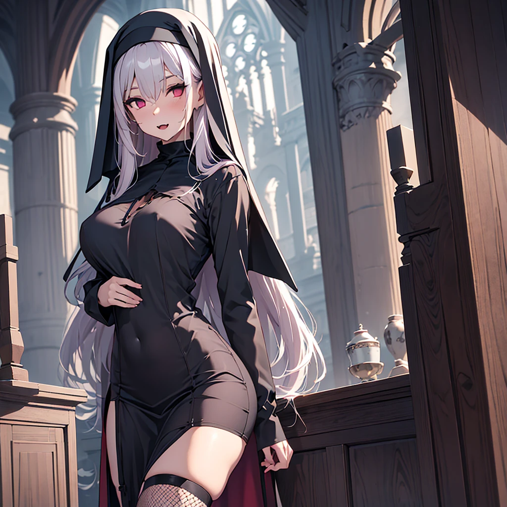 Female, ((dark mauve long hair)), traditional nun habit, slim, vampire, fishnet stockings, light red eyes, religion, fangs