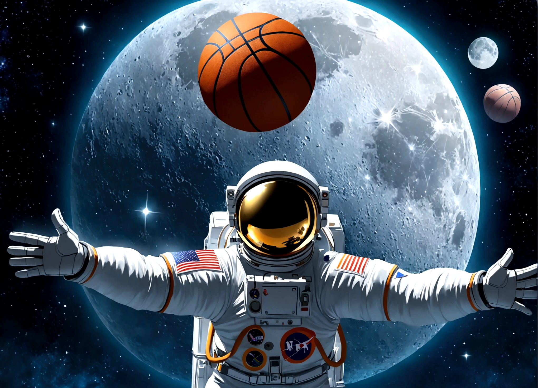 astronaut, Moon, basketball场, basketball, Space suit, Bright, Clarity, Rich in details, Science Fiction, basketball在空中飞翔, Moon表面纹理, Star bright, astronaut跳跃, basketball框, basketball场灯, night, moonlight, astronaut的笑容, Motion capture, Reality, Science Fiction Art