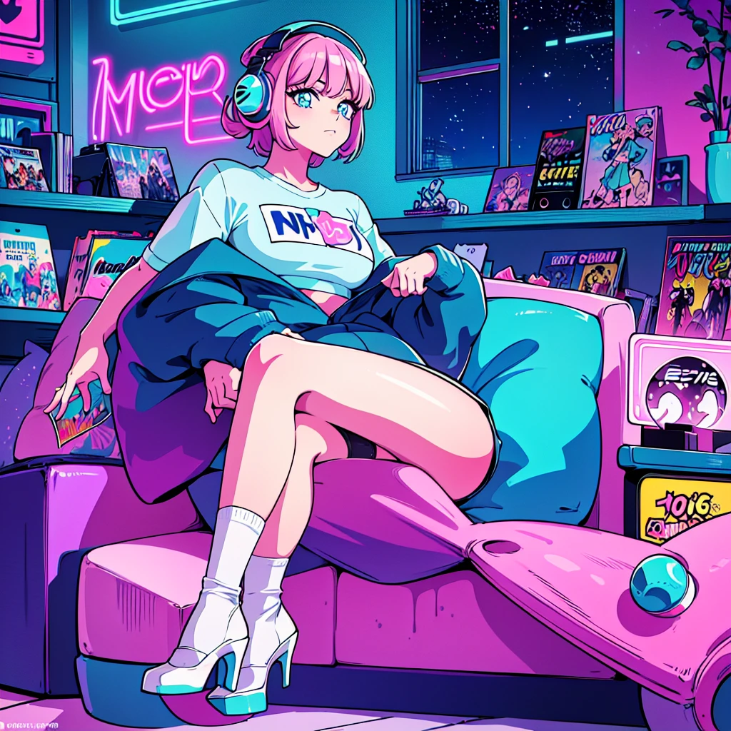 (masterpiece), Highest quality, Expressive eyes, Neon pastel aesthetics, Retro 90s, Neon color,((Girl sitting on sofa,In a cozy room,Records hanging on her wall, Comic books on the floor, Looking out the window behind her at the night city, Upholstered room, Anime figures lined up on a shelf)), Wearing headphones, (All around her it sparkles), (Wearing high socks and heels), (blue eyes), (Soft look), (Synthwave Art Style), Colorful Hair, Desk with PC set up