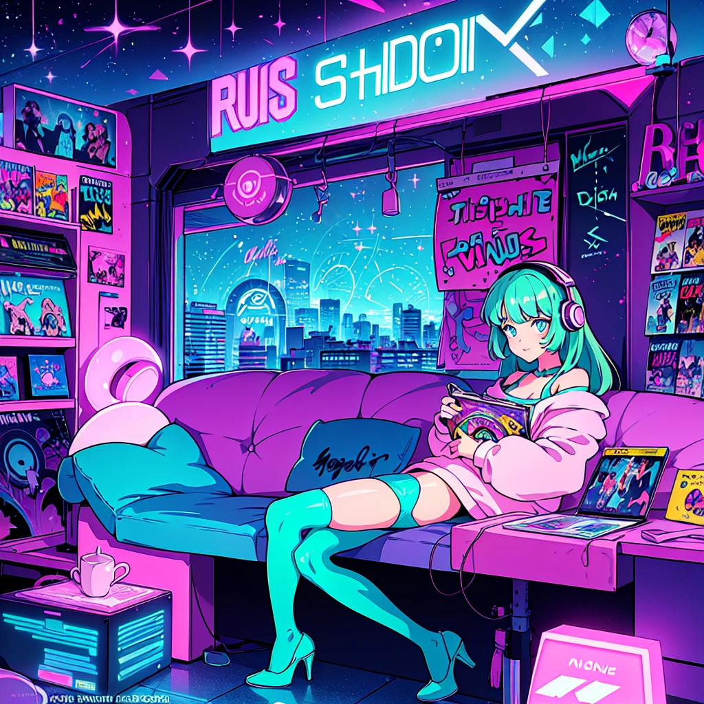 (masterpiece), Highest quality, Expressive eyes, Neon pastel aesthetics, Retro 90s, Neon color,((Girl sitting on sofa,In a cozy room,Records hanging on her wall, Comic books on the floor, Looking out the window behind her at the night city, Upholstered room, Anime figures lined up on a shelf)), Wearing headphones, (All around her it sparkles), (Wearing high socks and heels), (blue eyes), (Soft look), (Synthwave Art Style), Colorful Hair, Desk with PC set up