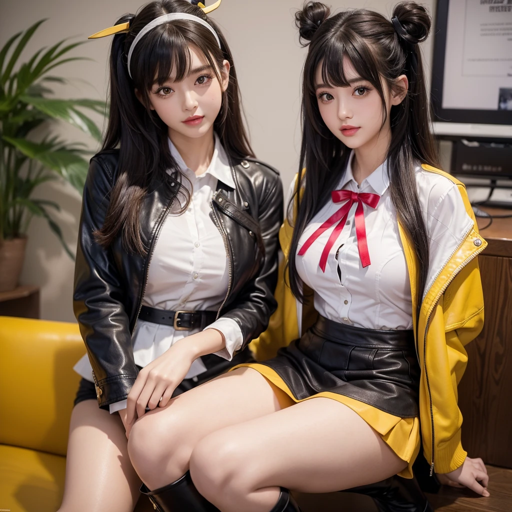 bangs down，beautiful girl，Maid clotheasterpiece，perfect face，perfect breasts，long hair，Outstanding style，stimulating，Cute outfits，Horny girl，double eyelid，Naughty Girls，Erotic and cute，mini skirt，ribbon on uniform，colorful hair color，yellow eyes，leather jacket，horny girl，Knee-high boots，
Colorful，multicoloured，future fashion，smile，，zipper bra，Multicolored clothing