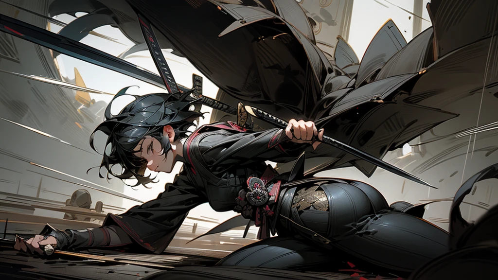 masterpiece,Highest quality,Ultra-fine illustrations,Very detailed,Beautiful background,Perfect Face,Perfect hands,Dynamic Angle,Ink painting style,ass pov,Dynamic Scene,kimono,knife,short hair,rain,battlefield,Beautiful background,Fearless Smile,Ii Slash